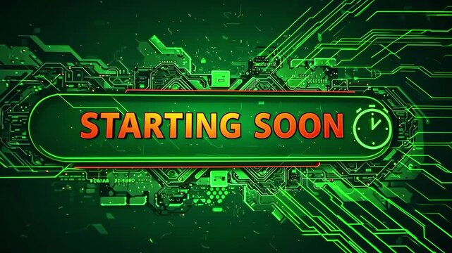 Green matrix-style digital background with "Starting Soon" label and countdown clock, used in tech-themed video intros