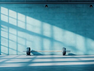 A Striking Barbell Positioned Against a Bright Blue Wall in a Modern Gym Setting Evoking Strength Fitness and Dedication to Physical Health and Wellbeing
