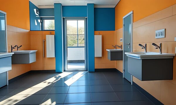 Well Lit Public Restroom Featuring Orange Walls Blue Fixtures and Gray Tile Flooring with Natural Lighting Inside