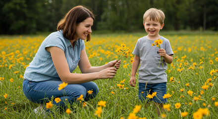 Fototapeta premium Mother, boy and flowers in nature to play together, love and bonding in outdoor for learning plants. Mommy, son and happiness in field or laughing for comedy, peace and funny childhood on vacation
