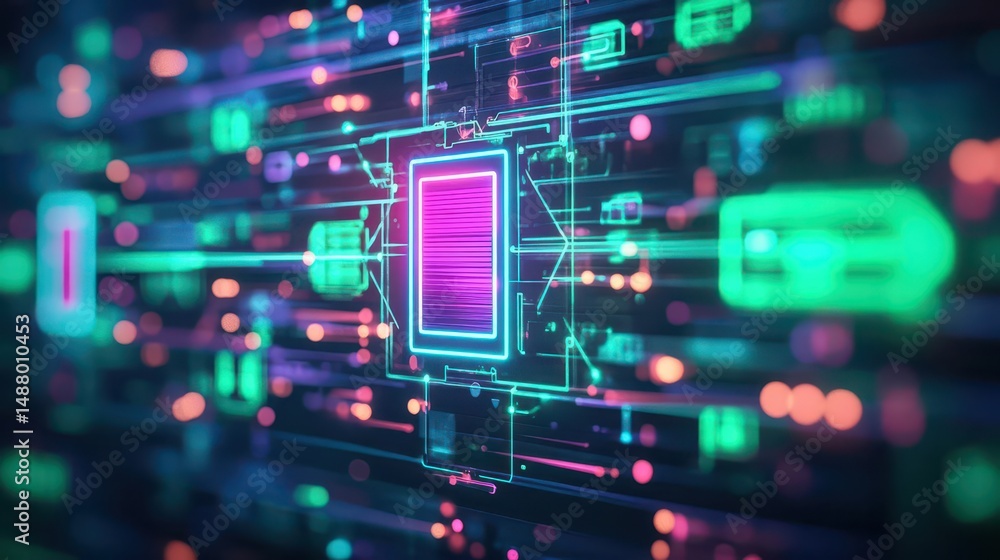 Poster futuristic computer processor illuminated with glowing green and pink lights showcasing advanced tec