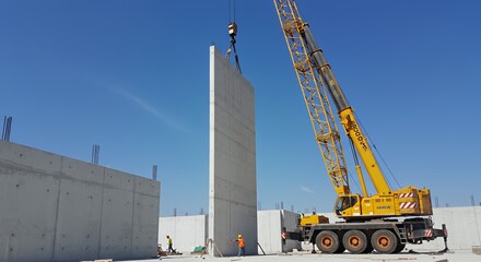 Construction Site: Crane Lifting Precast Concrete Wall Panels