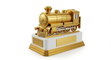 Gleaming Golden Train Trophy on a Pedestal: A Symbol of Achievement and Innovation