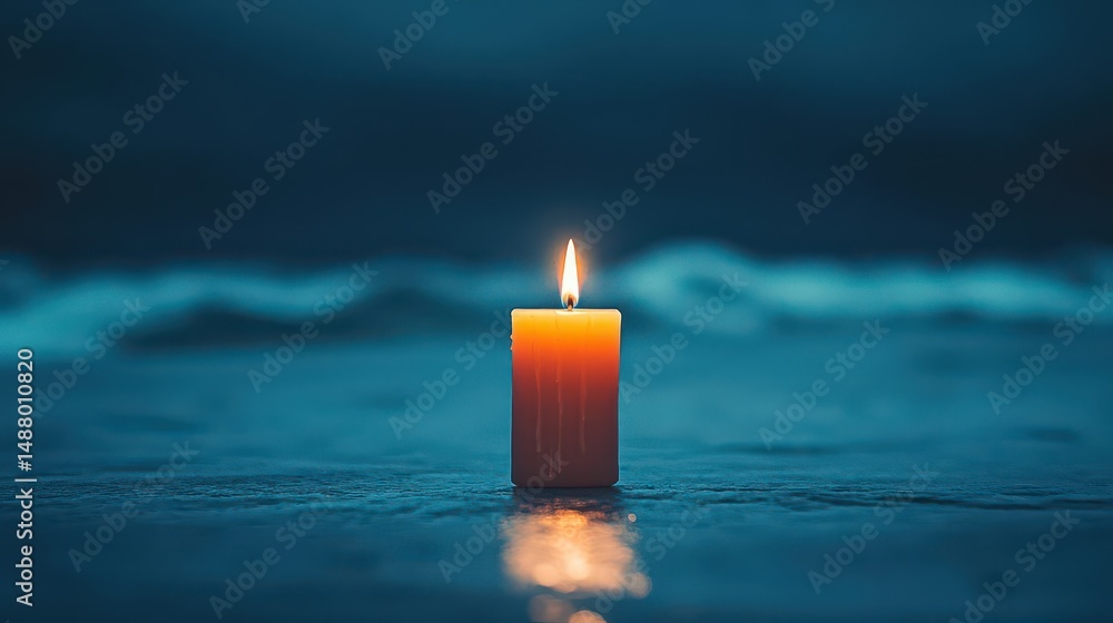 Poster a softly flickering candle casting warm light and gentle shadows with a beautiful reflection on a sm