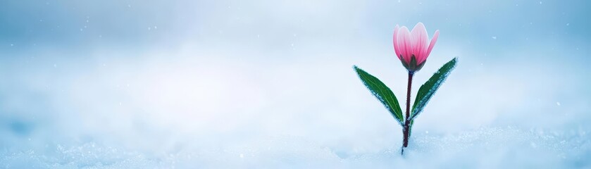 A solitary pink flower gracefully emerges from a blanket of pure white snow creating a striking contrast in a serene winter landscape scene
