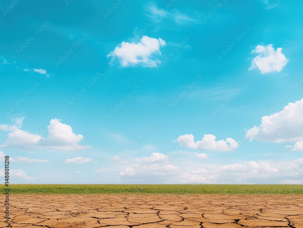 Aufkleber vast dry field under expansive blue sky with fluffy white clouds creating a tranquil and serene atmo