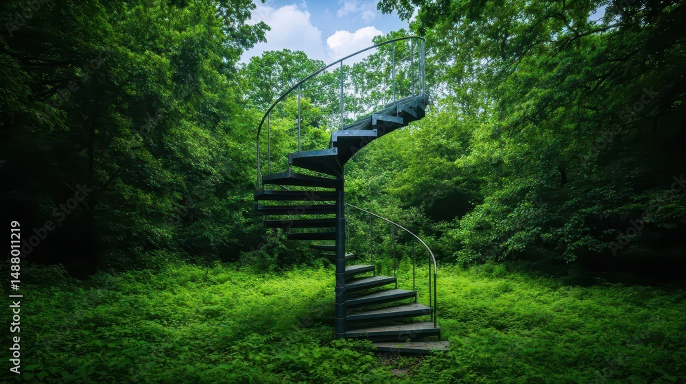 Poster enchanting spiral staircase surrounded by lush green forest creating a magical pathway through natur