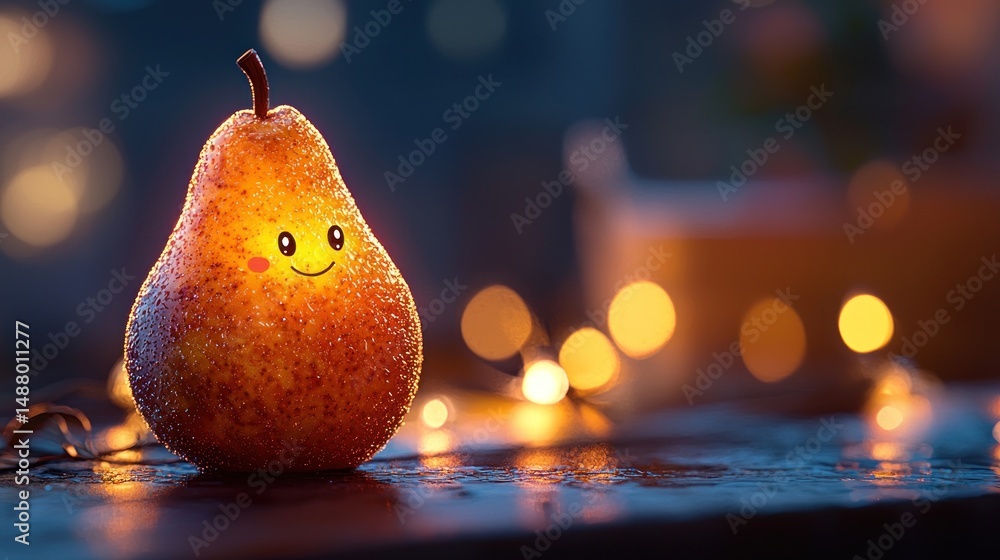 Poster a glowing, cheerful pear with a smiling face illuminated by soft lights in a cozy setting