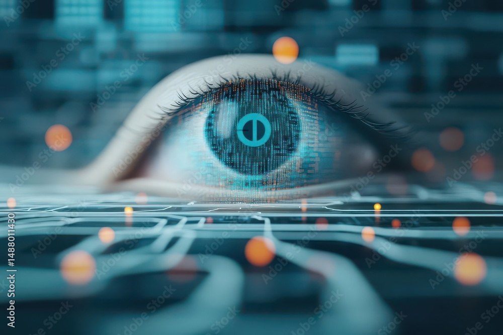 Poster closeup of an intense human eye surrounded by complex binary code representing technology and digita