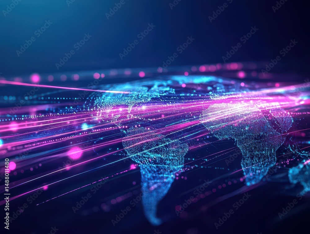 Poster illuminated world map featuring radiant lines and dots connecting continents emphasizing global conn