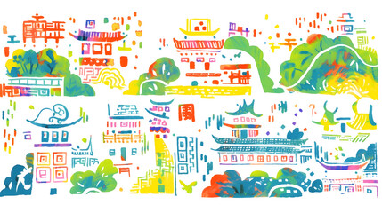 Fototapeta premium colorful landscape painting with pavilions illustration abstract background decorative painting