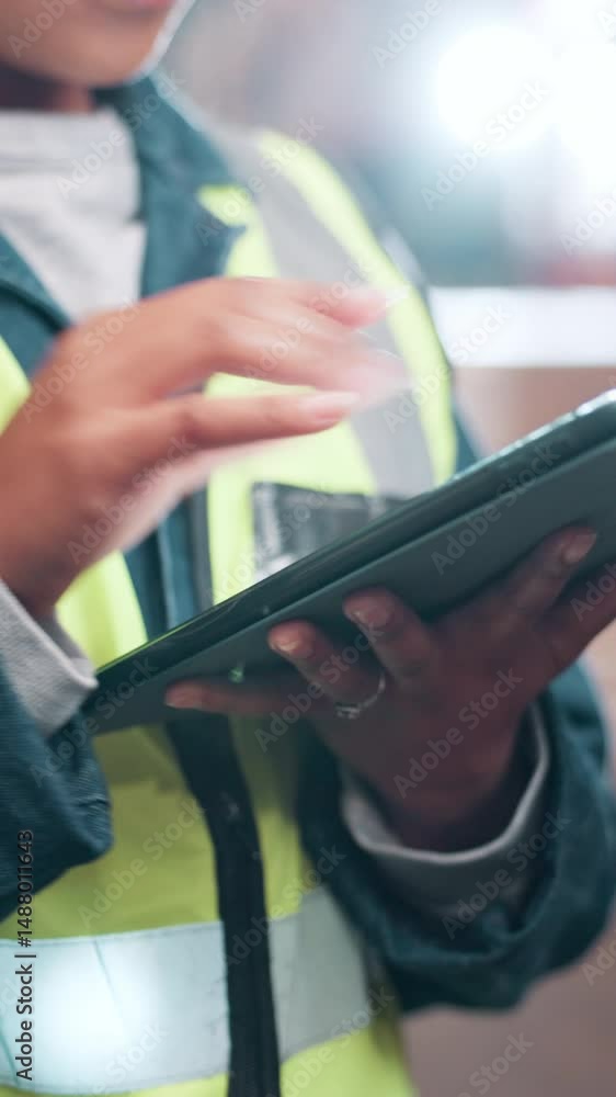 Poster hands, tablet and typing at warehouse for logistics, schedule and inventory management at plant. per