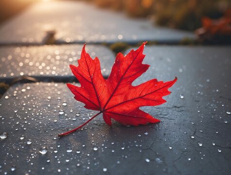 Red Maple Leaf on Wet Stone Path After Rain in Autumn - Powered by Adobe