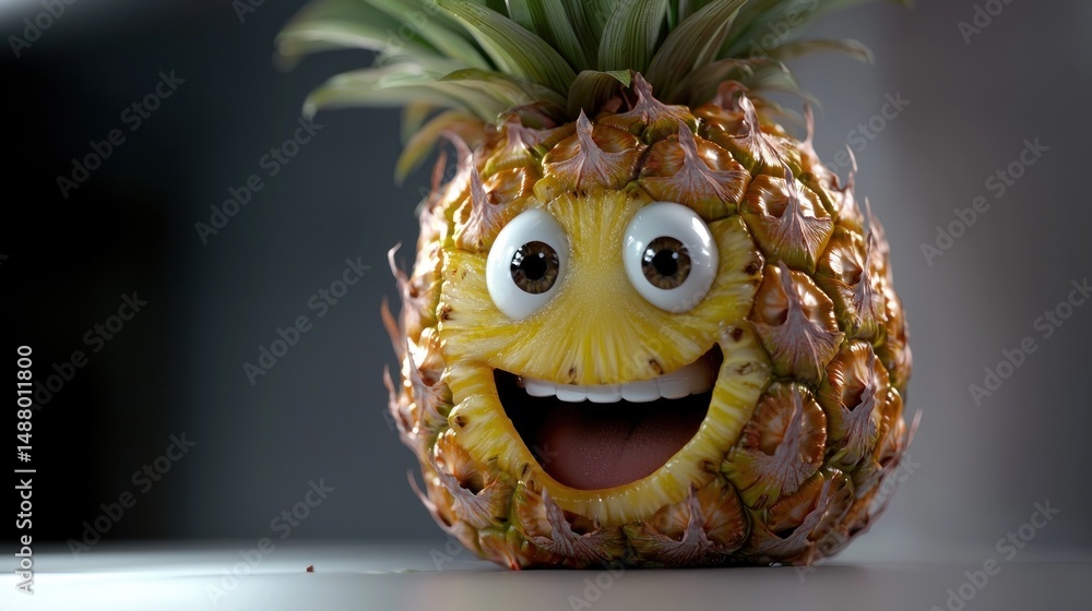 Poster cheerful anthropomorphic pineapple character with a smile, placed on a table in a softly lit backgro