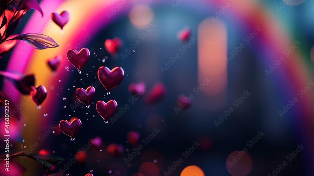 Poster vibrant hearts cascading through a colorful backdrop with a rainbow, creating a whimsical atmosphere