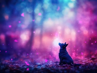 A Mysterious Black Cat Sitting Gracefully Amidst Lush Green Forest Surrounded by Tall Trees and Soft Sunlight Creating an Enigmatic Atmosphere