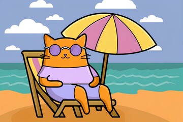 Cute cartoon illustration of a relaxed orange cat wearing glasses, lounging on a beach chair under a colorful umbrella, enjoying a sunny day by the ocean with vibrant waves.