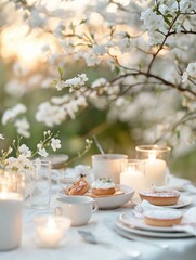 Fototapeta premium Table set up for a meal under a tree with white flowers. the table is covered with a white tablecloth and is set with plates, cups, saucers, glasses, and candles.