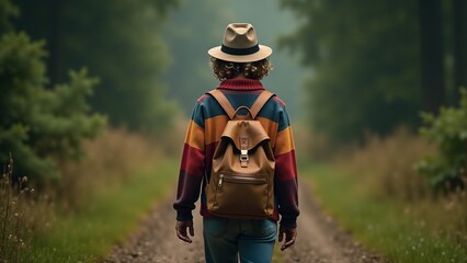Boy Hiker Walking On Forest Trail