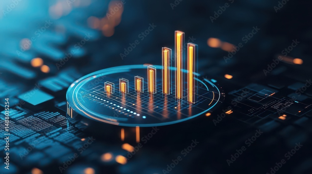 Poster intricate digital bar chart displayed on a futuristic circuit board background representing data ana
