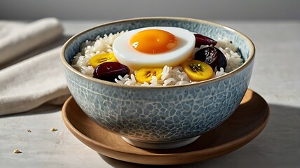 Delicious Rice Bowl with Poached Egg and Fruit