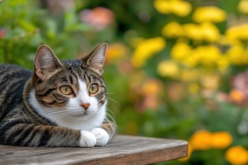 A Tranquil Cat Resting Comfortably on a Rustic Wooden Bench Surrounded by Lush Greenery and Vibrant Flowers in a Peaceful Garden Setting