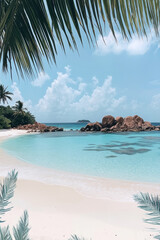 Tropical beach with crystal clear water and rocky coastline under a blue sky