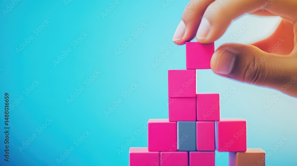 Poster hand skillfully placing a wooden block into a structured pyramid formation creating an intriguing vi
