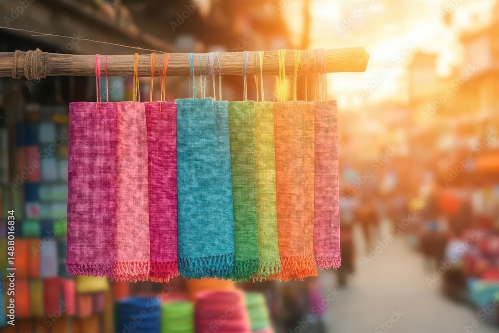 Poster vibrant colorful fabric draped gracefully on a string in soft natural light showcasing intricate pat