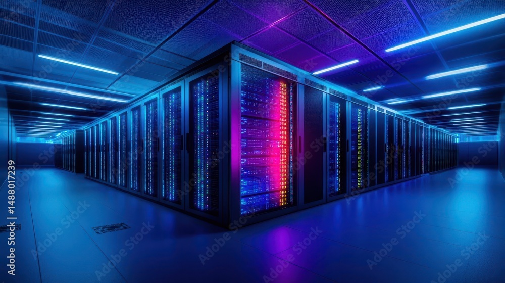 Poster high-tech server in a modern server room with advanced cooling systems and network cables creating a
