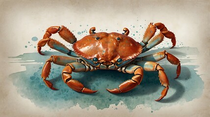 Detailed Watercolor Painting of a Red Crab on Teal Background