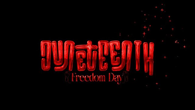 Juneteenth Freedom Day lettering text animation in red with sparkling effects and transparent background
