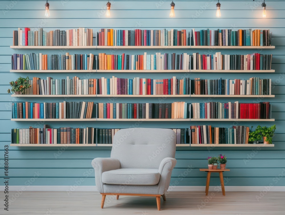 Poster cozy reading nook featuring a comfortable chair positioned in front of a well-stocked bookshelf surr