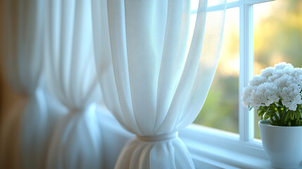 Sheer curtains by sunny window with flowers, peaceful home