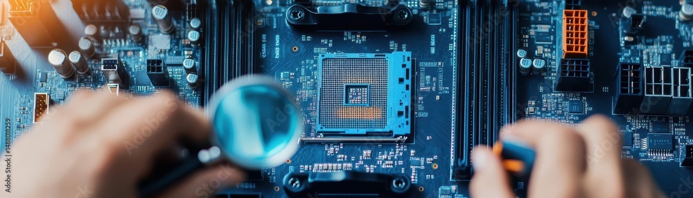 Poster a person examining a computer chip with intrigued expression in a modern workspace highlighting tech