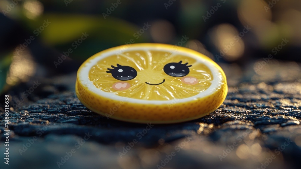 Aufkleber cute smiling lemon slice on textured surface with soft lighting and blurred greenery background
