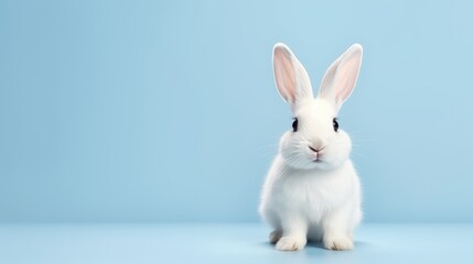 Obraz premium cute animal pet rabbit or bunny white color smiling and laughing isolated with copy space for easter background, rabbit, animal, pet, cute, fur, ear, mammal, background, celebration, generate by AI