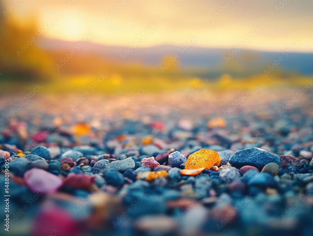 Poster close up of tranquil beach scene featuring smooth rocks and colorful pebbles on soft sand under gent
