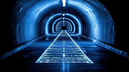 Obraz premium Futuristic tunnel illuminated with blue lights, featuring glowing pathway that creates captivating atmosphere