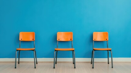 Three Stylish Chairs Positioned Against a Vibrant Blue Wall Creating a Contemporary and Inviting Atmosphere in a Modern Interior Design Setting
