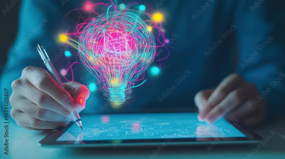Poster person engaged in creative thinking while using tablet displaying light bulb symbolizing ideas innov