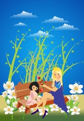 composition with mom and daughter sitting on bench