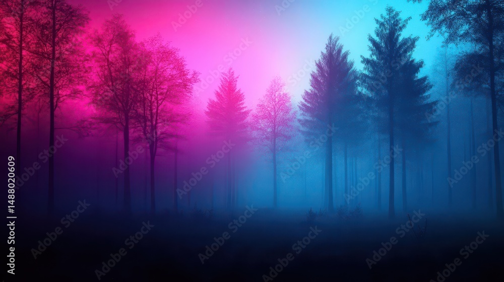 Poster mysterious forest enveloped in thick fog with majestic trees creating an enigmatic atmosphere of tra