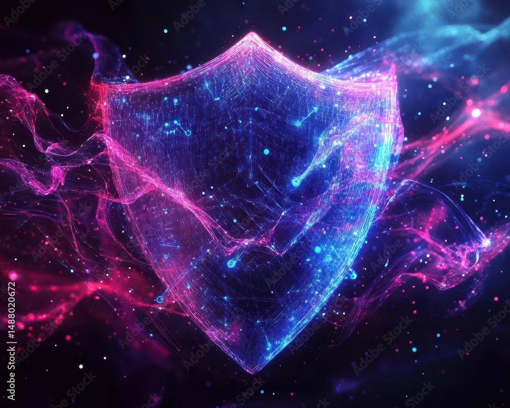 Poster futuristic computer shield with radiant glowing lines and dots illustrating cybersecurity concepts i