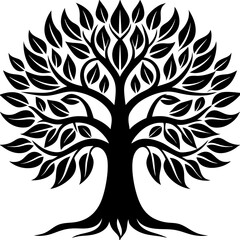 Symbolic black and white family tree depicting family unity and ancestry with leaves