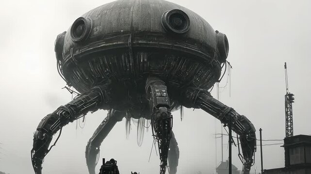 Mysterious giant robotic creature towers over abandoned industrial site at dawn