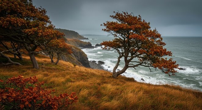 Autumn coastal landscape with stormy seascape
