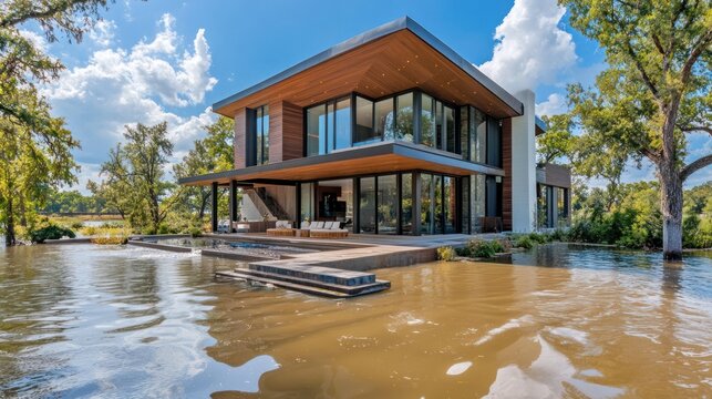 Modern architectural home surrounded by flood water, showcasing climate change impacts