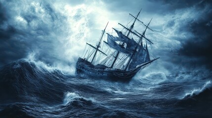 Obraz premium Stormy seas challenge a sailing ship at dusk