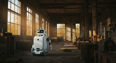 Futuristic service robot exploring abandoned industrial factory
